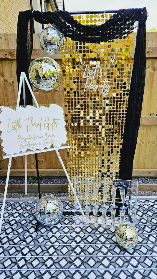 Gold Sequin and Disco Ball Backdrop - One Day Hire